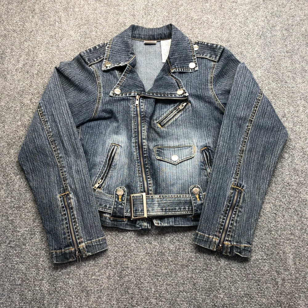 Y2K  Womens Blue Moto Denim Jacket Sulfur Slub Stretch Belted M
